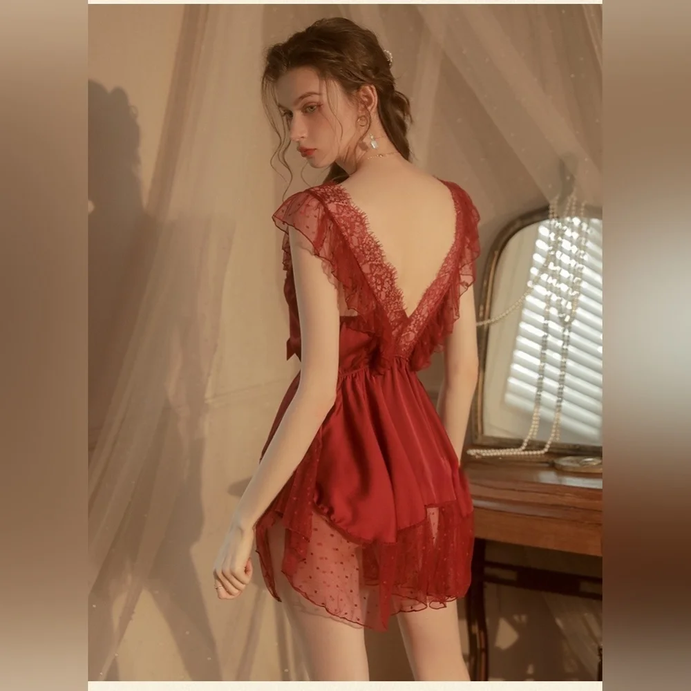 French Lace Sexy Gauzy Pyjama + G-string, size S-XL - Picture 2 of 8
